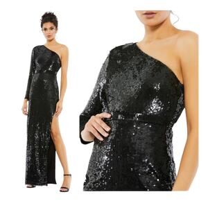 Mac Duggal Formal One Shoulder Sequin Gown 10788 Black Beaded Evening Dress 0